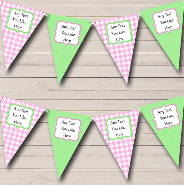 Green & Pink Gingham & Polka Dot Personalized Children's Birthday Party Bunting Flag Banner