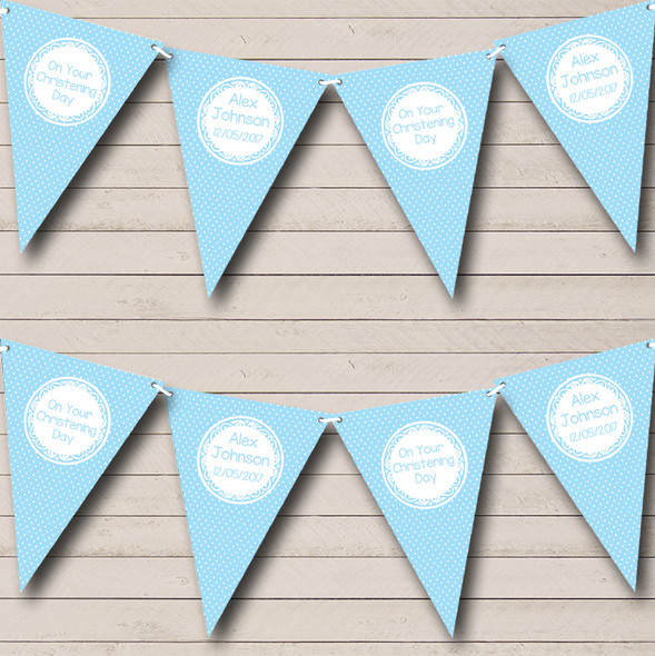 Polkadot Sky Blue Personalized Christening Baptism Bunting Flag Banner