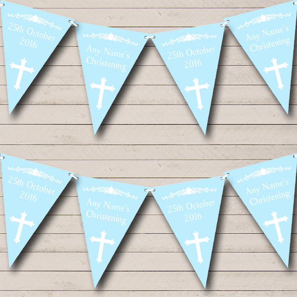 Cross Holy Communion Blue And White Personalized Christening Baptism Bunting Flag Banner