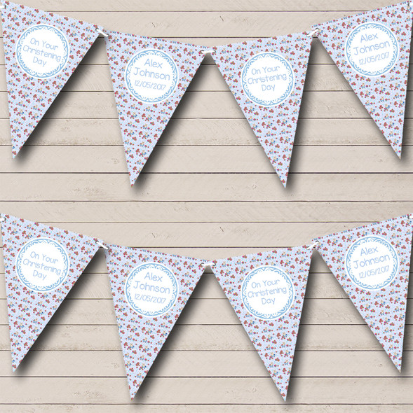 Blue Teddy Bear Personalized Christening Baptism Bunting Flag Banner