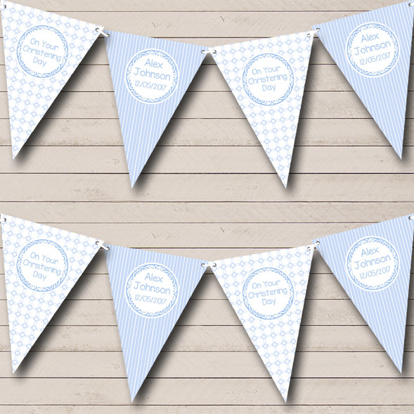 Blue Pretty Stripes And Patterns Personalized Christening Baptism Bunting Flag Banner