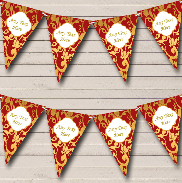 Regal Deep Red And Gold Vintage Damask Personalized Engagement Party Bunting Flag Banner