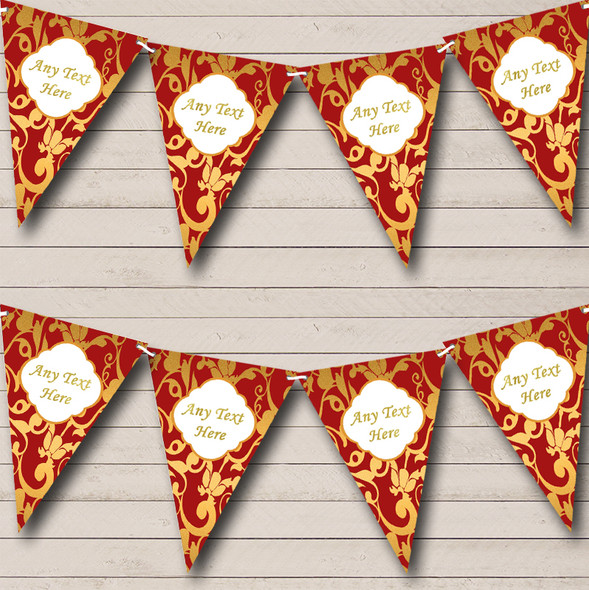 Regal Deep Red And Gold Vintage Damask Personalized Retirement Party Bunting Flag Banner