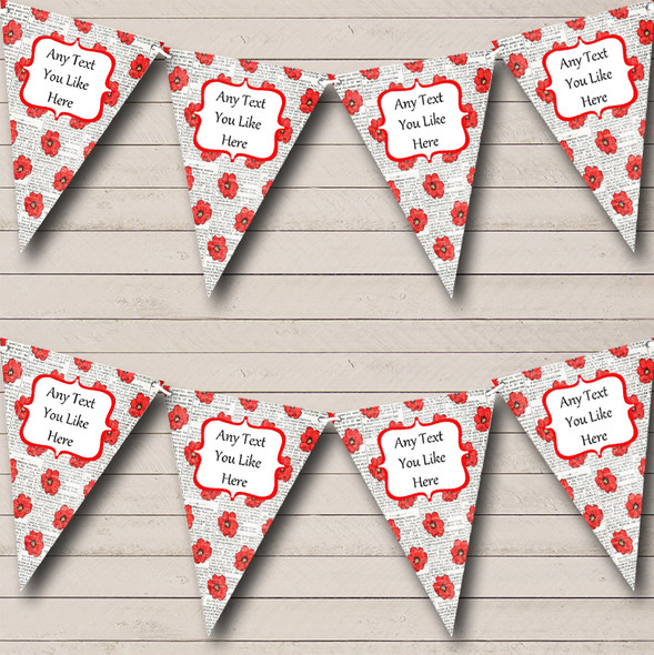 Newspaper And Red Poppy Flowers Shabby Chic Garden Tea Party Bunting Flag Banner