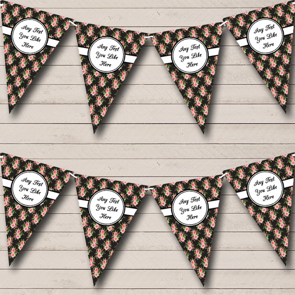 Black And Pink Flowers Personalized Shabby Chic Garden Tea Party Bunting Flag Banner