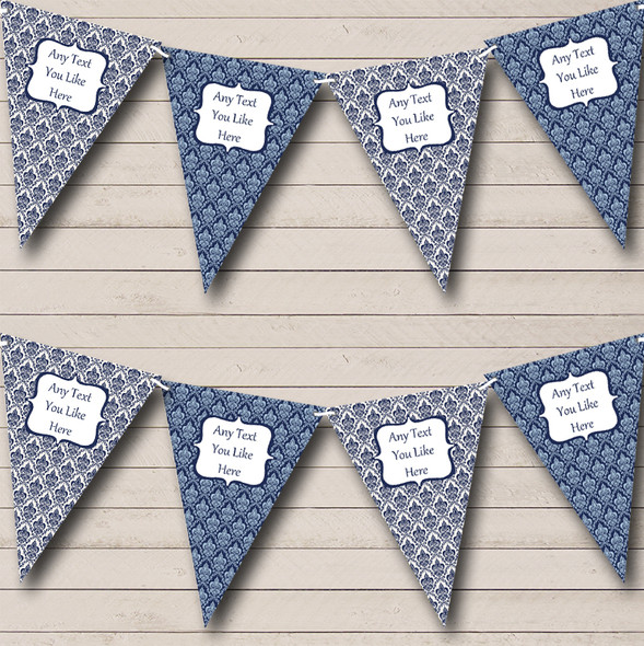 White Blue And Navy Floral Damask Personalized Wedding Bunting Flag Banner