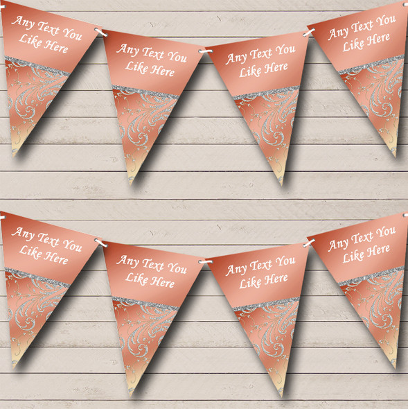 Stunning Coral Pink And Silver Personalized Wedding Venue or Reception Bunting Flag Banner