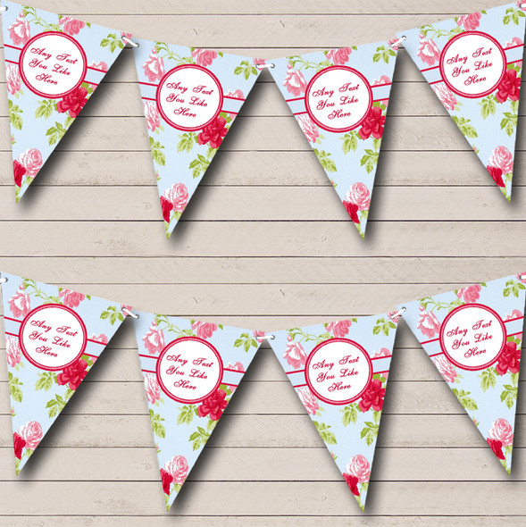 Bright Fuchsia Pink And Pale Blue Shabby Chic Rose Personalized Wedding Bunting Flag Banner