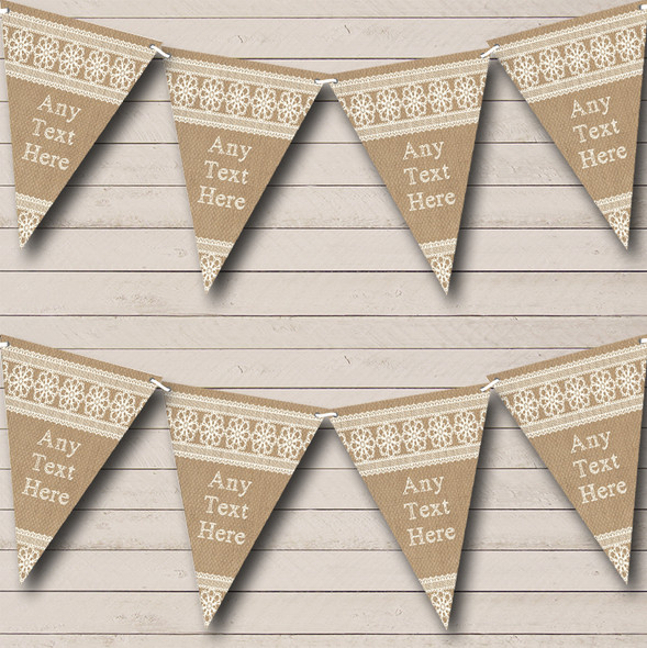 Tweed Look Burlap Lace Personalized Christening Bunting Flag Banner