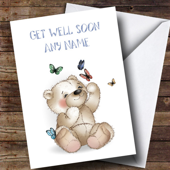 Personalized Teddy Bear Get Well Soon Card - Red Heart Print