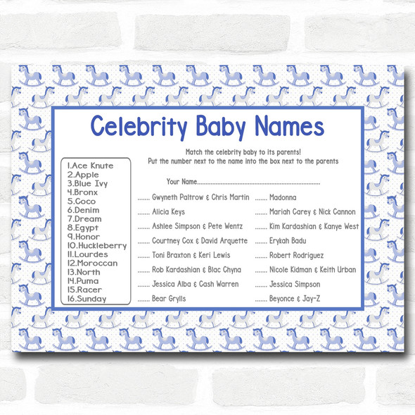 Boys Blue Rocking Horse Baby Shower Games Celebrity Baby Name Cards