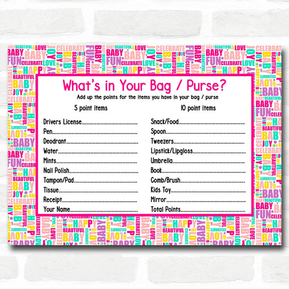 Fun Words Baby Shower Games Whats in Your Bag Purse Cards