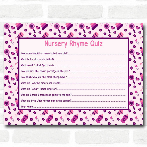 Girls Pink & Purple Baby Shower Games Nursery Rhyme Quiz Cards