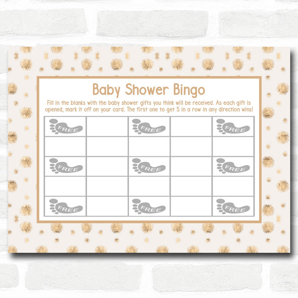 Neutral Gold Spots Baby Shower Games Bingo Cards