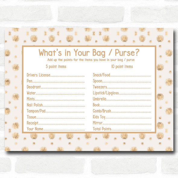 Neutral Gold Spots Baby Shower Games Whats in Your Bag Purse Cards