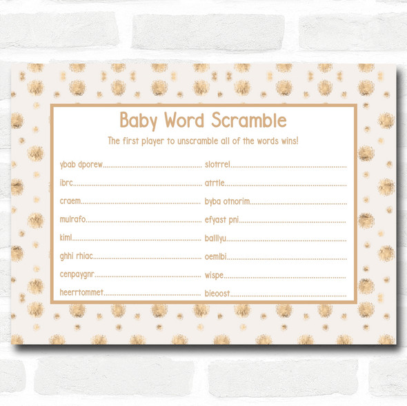 Neutral Gold Spots Baby Shower Games Word Scramble Cards