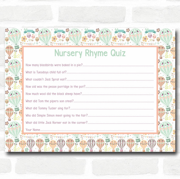 Neutral Hot Air Balloons Baby Shower Games Nursery Rhyme Quiz Cards