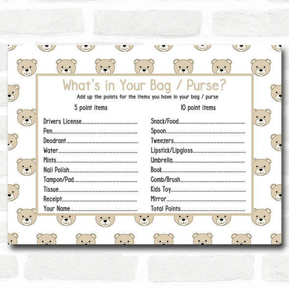 Neutral Teddys Baby Shower Games Whats in Your Bag Purse Cards