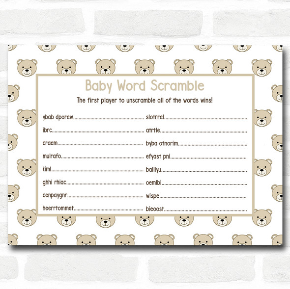 Neutral Teddys Baby Shower Games Word Scramble Cards