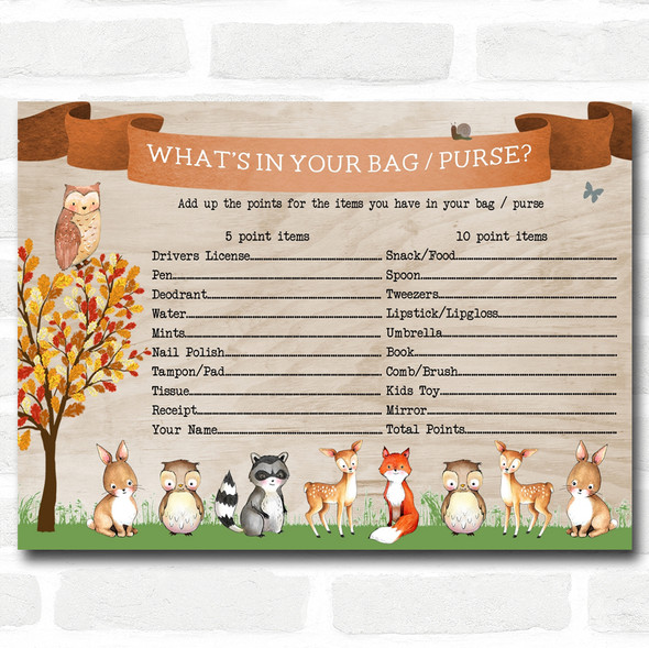 Woodland Animal Neutral Baby Shower Games Whats In Your Bag Purse Cards