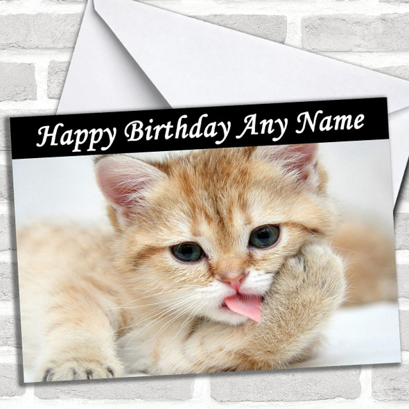 Cute Kitten Licking Paw Personalized Birthday Card