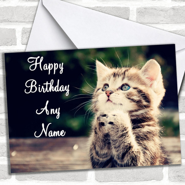 Funny Kitten Praying Personalized Birthday Card