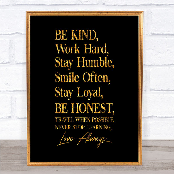 Be Kind Work Hard Quote Print Black & Gold Wall Art Picture