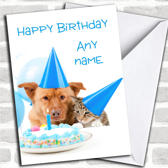 Party Hat Dog And Cat Personalized Birthday Card