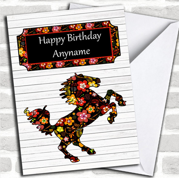 Vintage Floral Rearing Horse Personalized Birthday Card