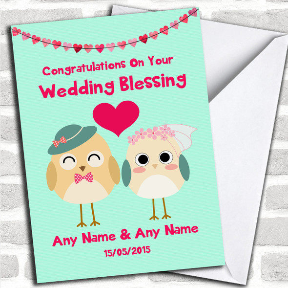 Mint Green Cute Owls Personalized Wedding Blessing Card