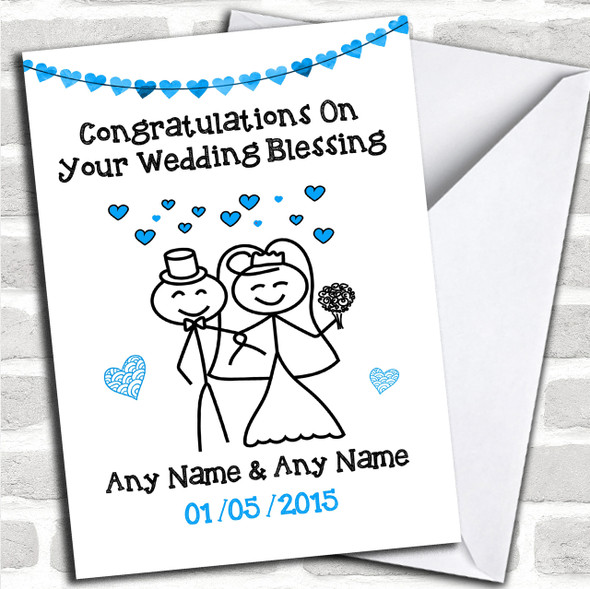Doodle Happy Couple Blue Personalized Wedding Blessing Card