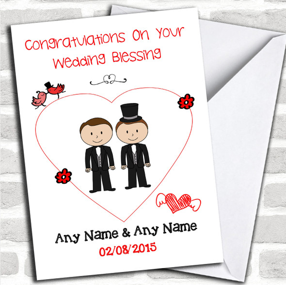 Cute Doodle Gay Male Couple Both Dark Haired Personalized Wedding Blessing Card