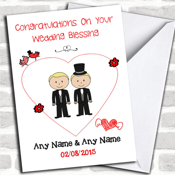 Cute Doodle Gay Male Couple Both Blonde Personalized Wedding Blessing Card