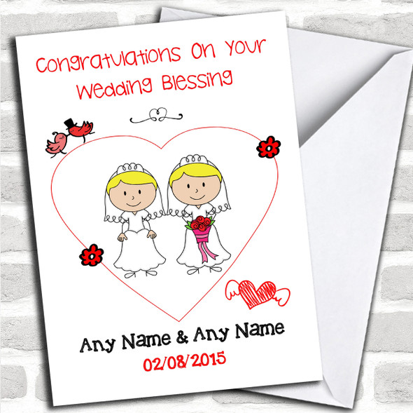 Doodle Gay Lesbian Female Couple Both Blonde Personalized Wedding Blessing Card