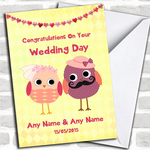 Yellow & Coral Cute Owls Personalized Wedding Card