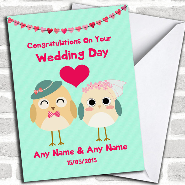 Mint Green Cute Owls Personalized Wedding Card