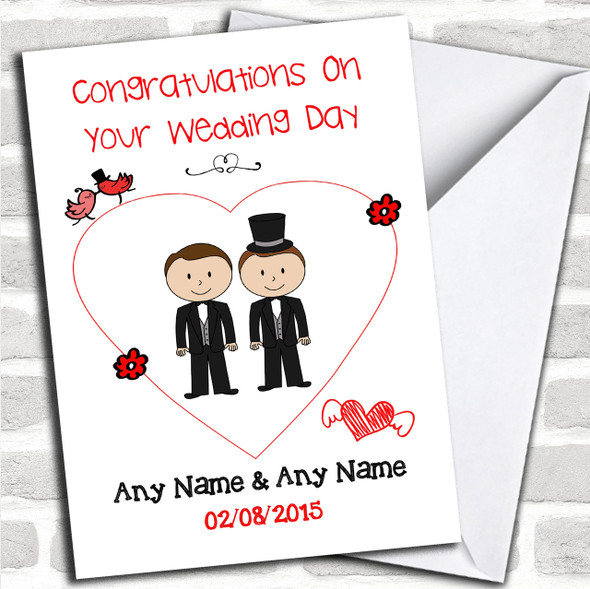 Cute Doodle Gay Male Couple Both Dark Haired Personalized Wedding Card