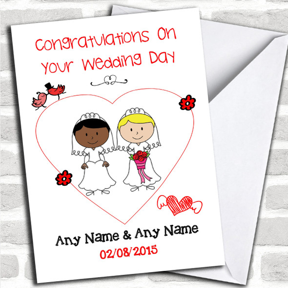 Cute Doodle Gay Lesbian Female Couple Black White Personalized Wedding Card