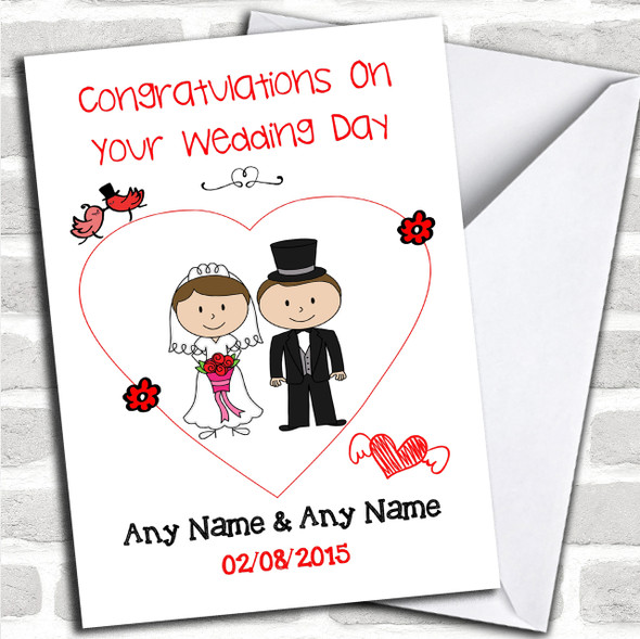 Cute Doodle Dark Haired Couple Personalized Wedding Card