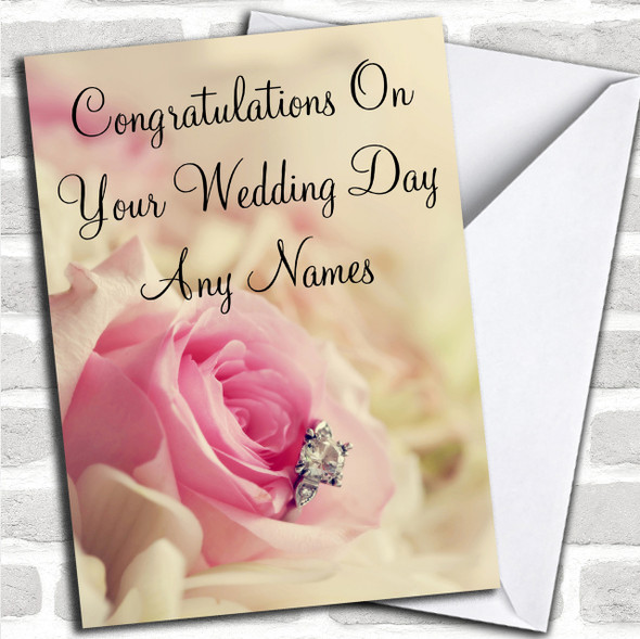 Stunning Pale Pink Rose & Diamond Personalized Wedding Day Card