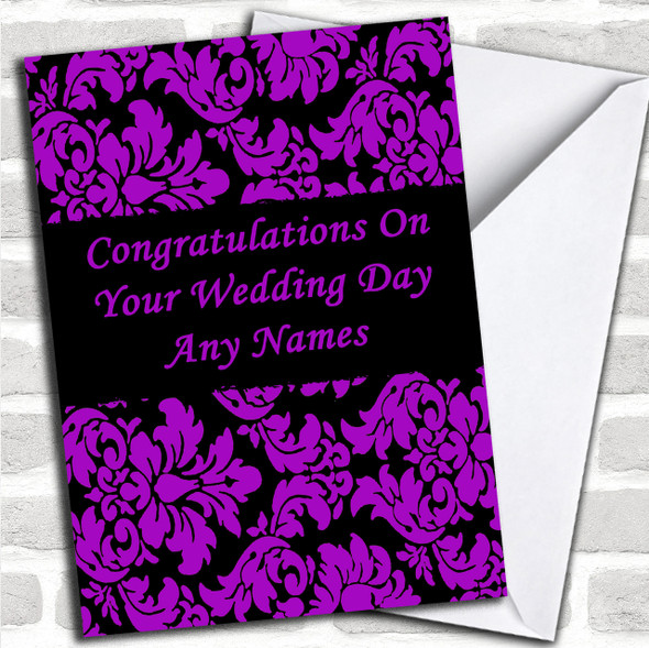 Floral Black Purple Damask Personalized Wedding Day Card