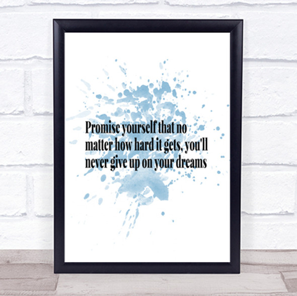 Never Give Up On Your Dreams Inspirational Quote Print Blue Watercolour Poster