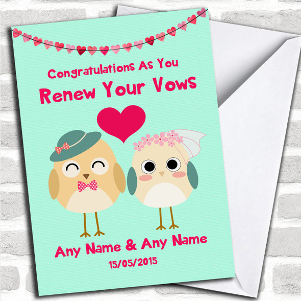 Mint Green Cute Owls Personalized Renewal Of Vows Card