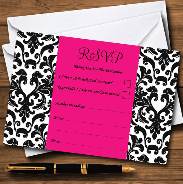 Black, White & Pink Damask Personalized RSVP Cards