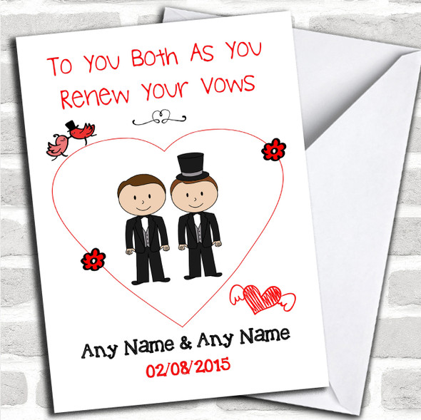 Cute Doodle Gay Male Couple Both Dark Haired Personalized Renewal Of Vows Card