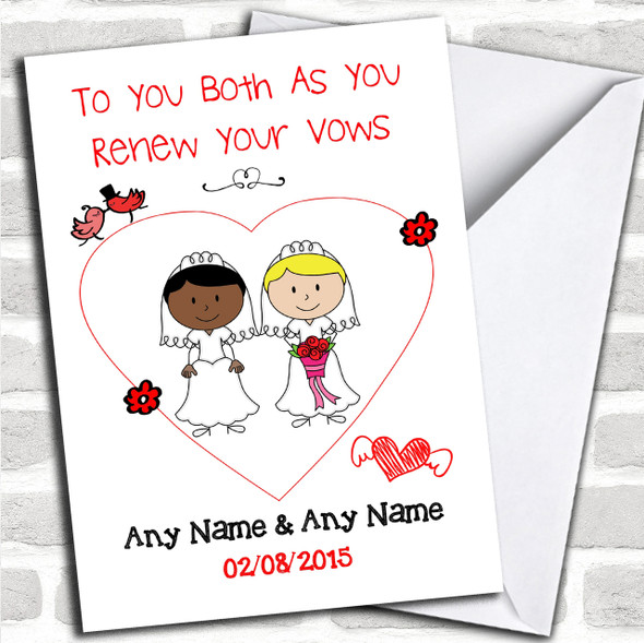 Doodle Gay Lesbian Female Couple Black White Personalized Renewal Of Vows Card