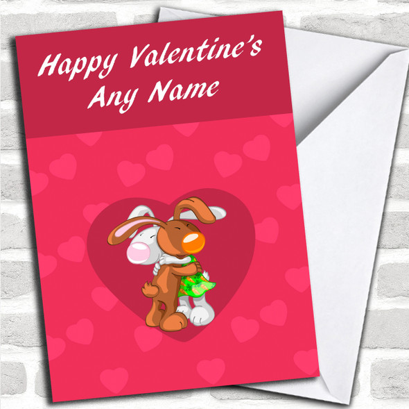 Cute Cuddling Rabbits Romantic Personalized Valentine's Card