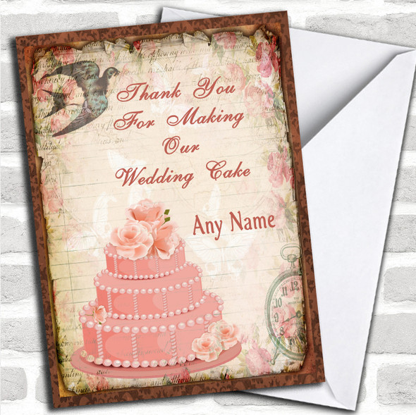 Gorgeous Pink Vintage Bird & Wedding Cake Personalized Thank You Card