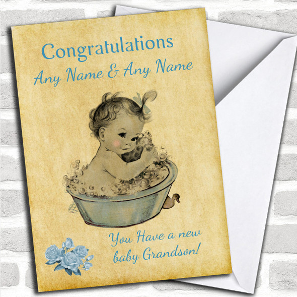 Pretty Vintage Blue Baby Boy Grandson Personalized Sibling Card