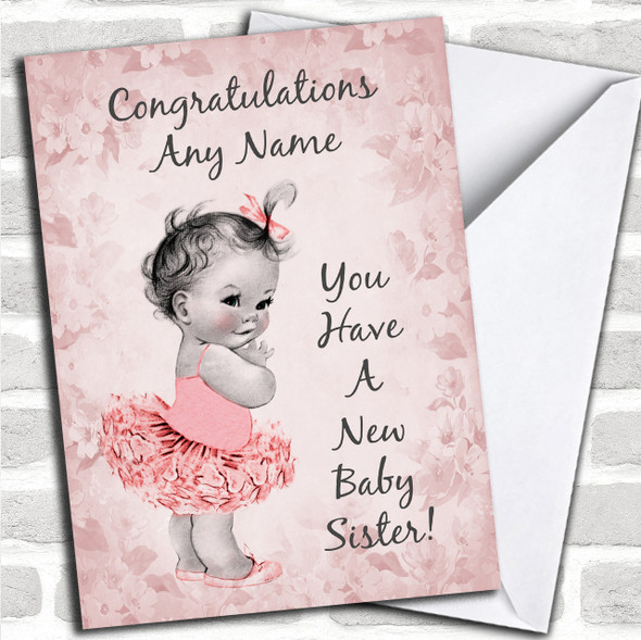 Pink Vintage Baby New Baby Sister Personalized Sibling Card